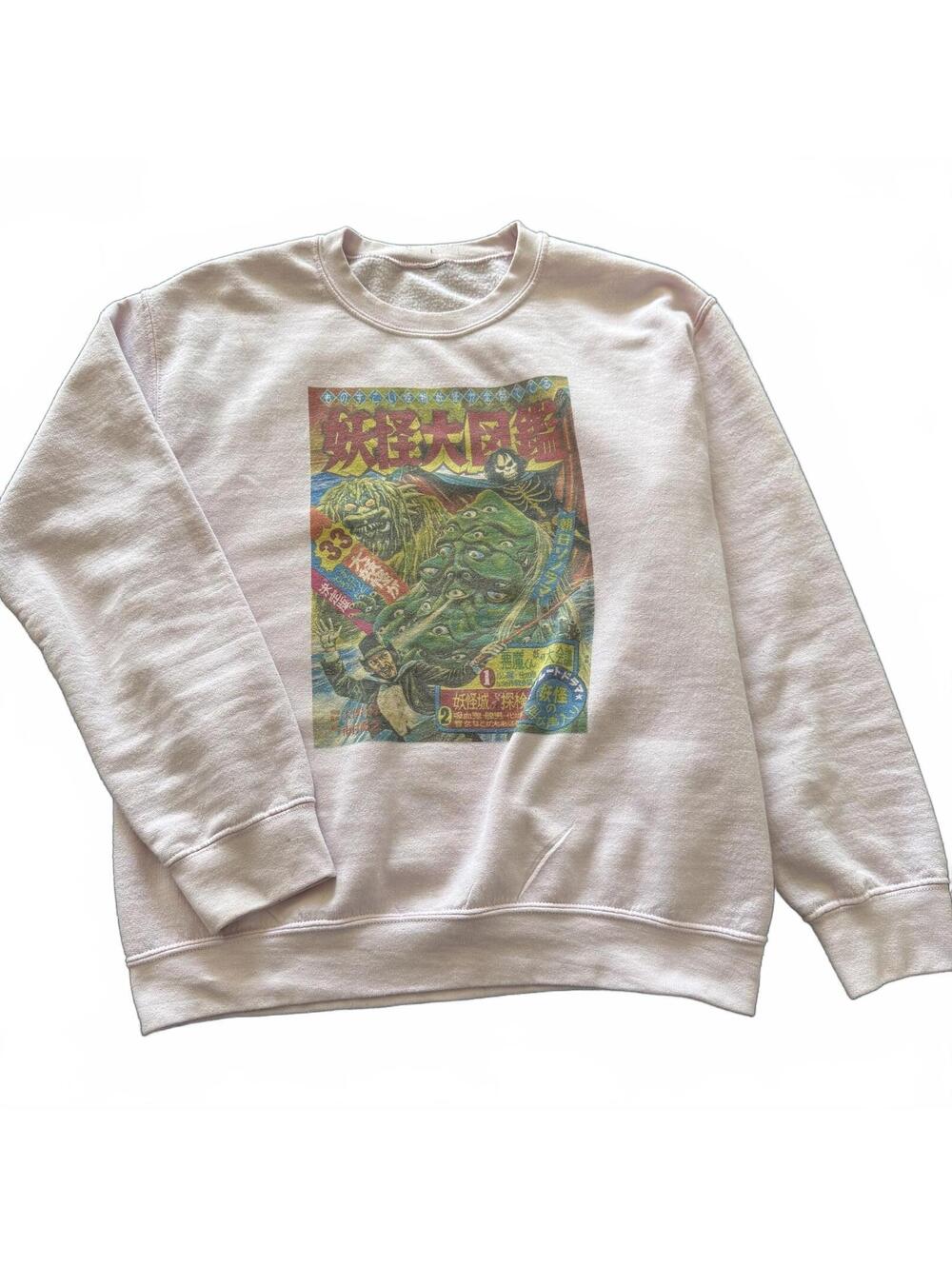 Light Pink Japanese Horror Graphic Crewneck Sweatshirt Womens M/L Gothic